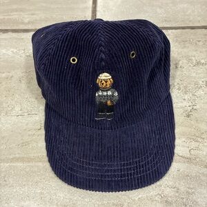 Vintage Polo Ralph Lauren Navy Corduroy Baseball Cap with Embroidered Bear OS